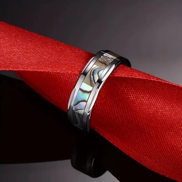 Tungsten Steel Carbide & Abalone Carbon Inlay Design statement Ring - Picture 3 of 7
